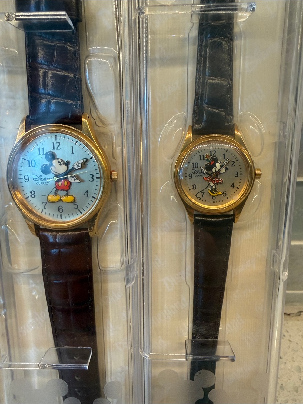 Vintage his and her Disney Mickey & Minnie Gold Tone Watches, never worn